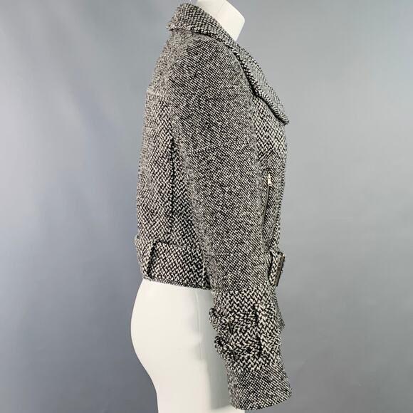 CARVEN Size M Grey Black Wool Blend Tweed Zip Up Belted Biker Jacket - Picture 3 of 8
